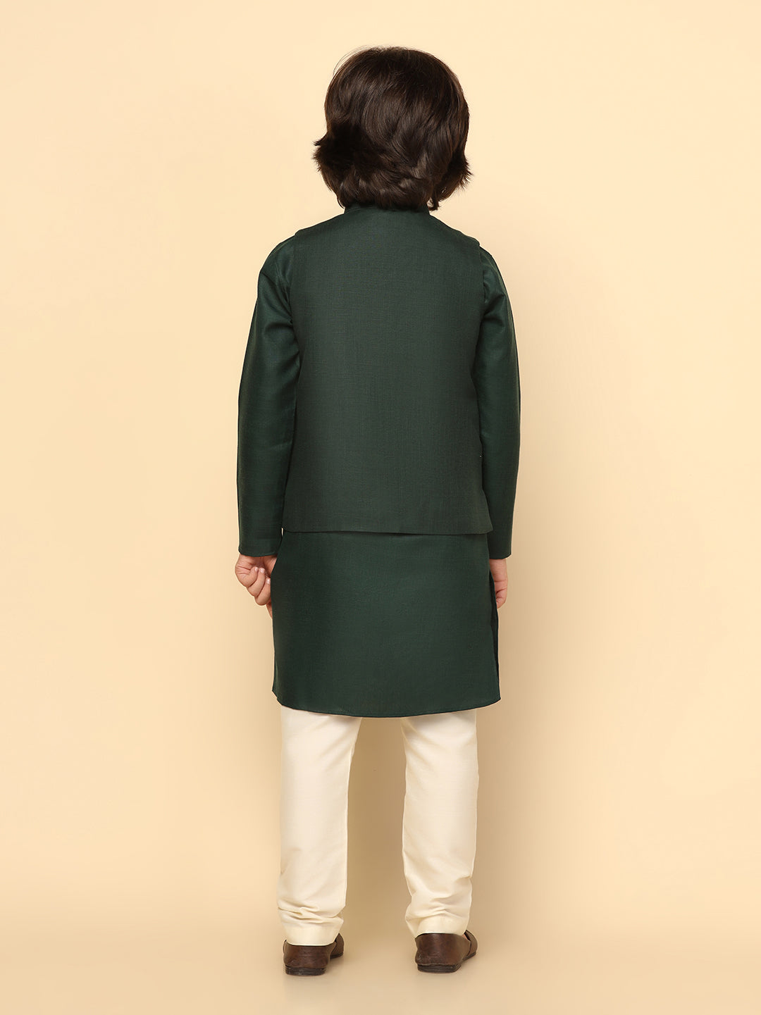 Boy's Green Solid Kurta Jacket Churidar Set