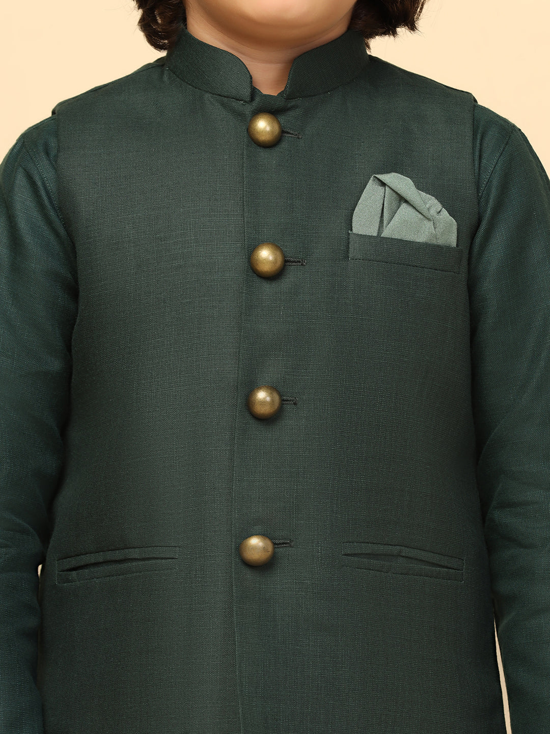 Boy's Green Solid Kurta Jacket Churidar Set