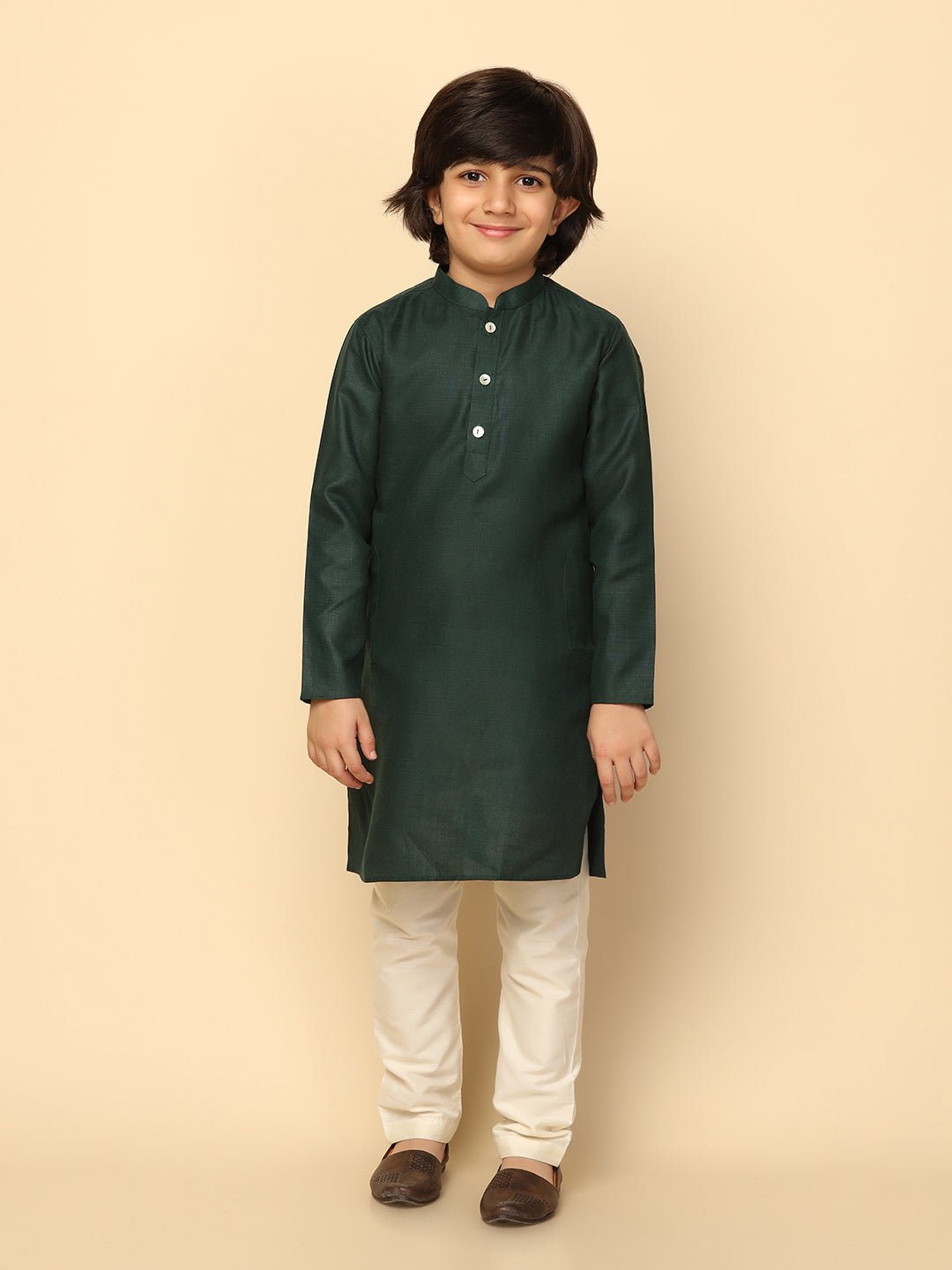 Boy's Green Solid Kurta Jacket Churidar Set