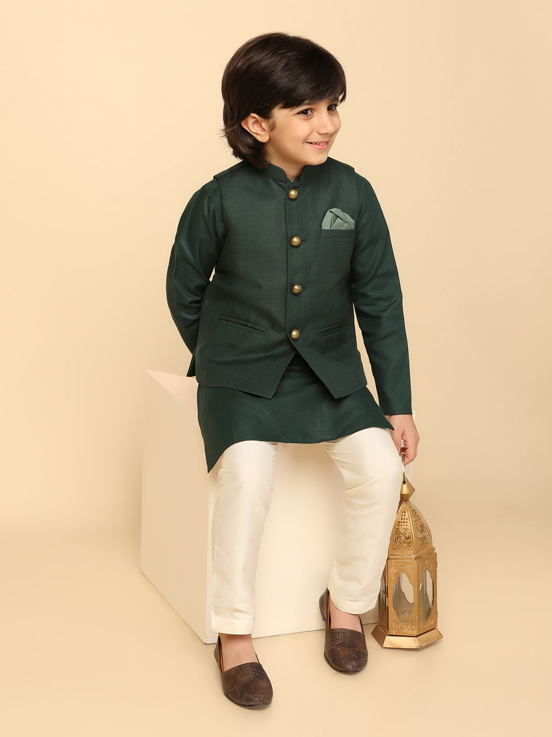 Boy's Green Solid Kurta Jacket Churidar Set