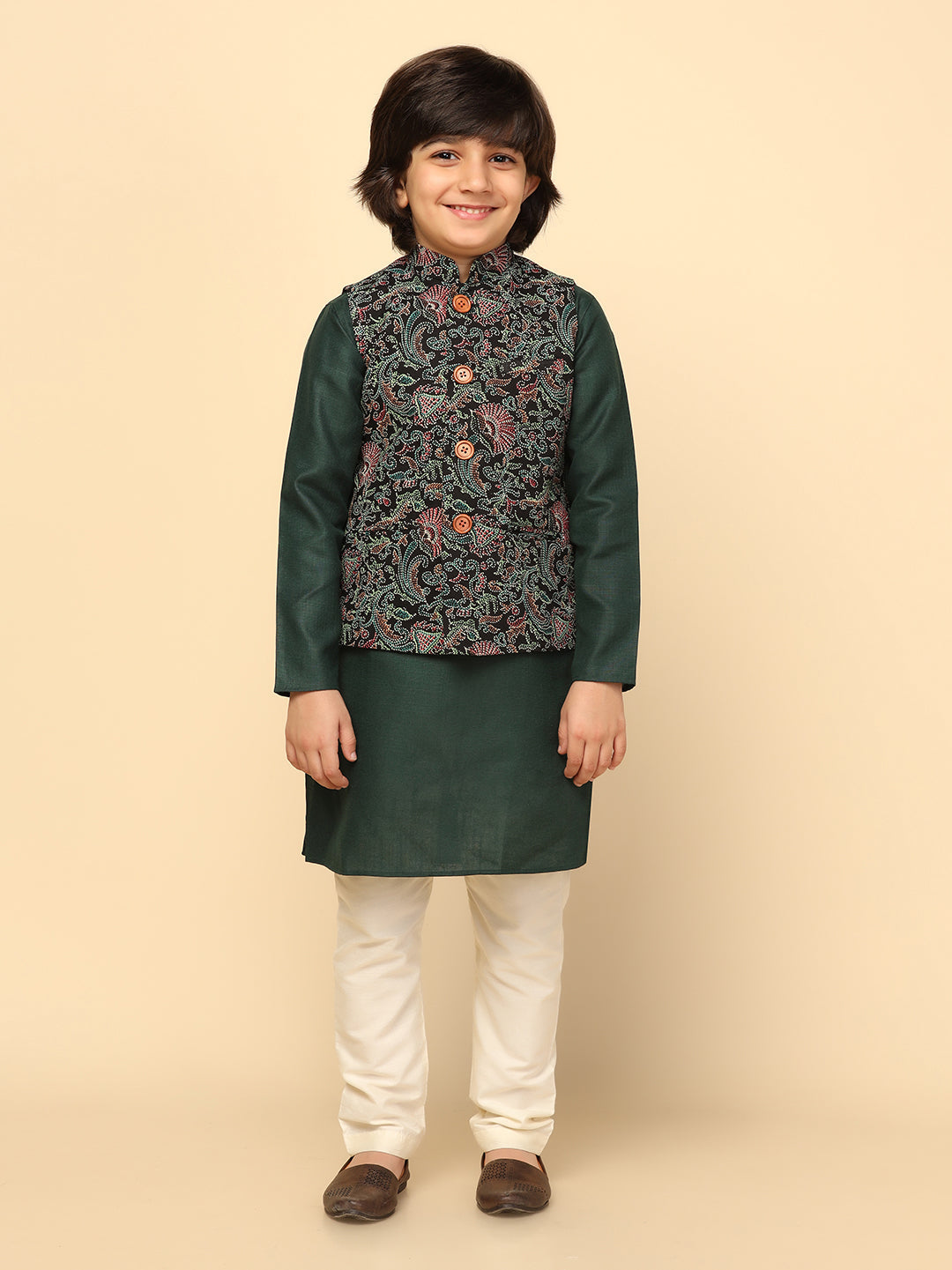 Boy's Black Printed Kurta Jacket Churidar