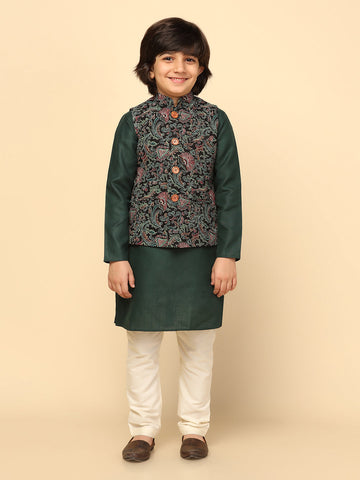 Boy's Black Printed Kurta Jacket Churidar