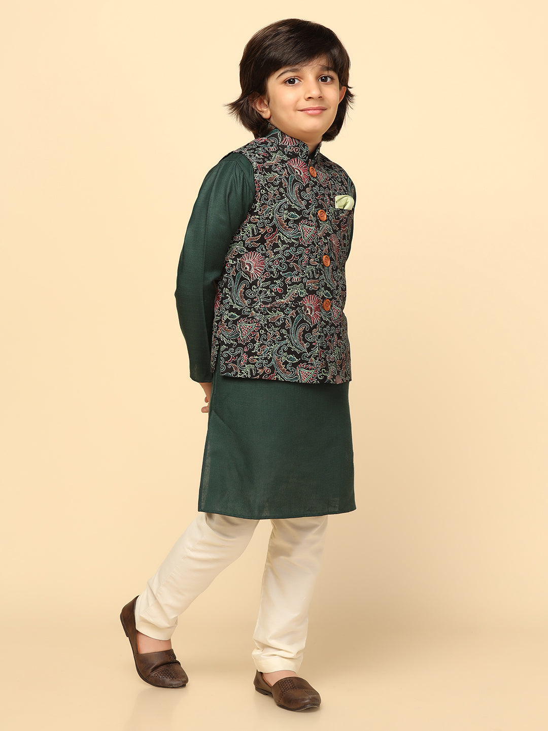 Boy's Black Printed Kurta Jacket Churidar