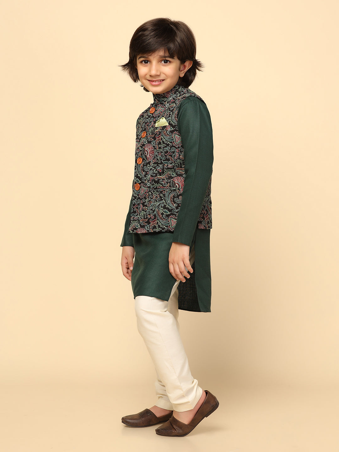 Boy's Black Printed Kurta Jacket Churidar