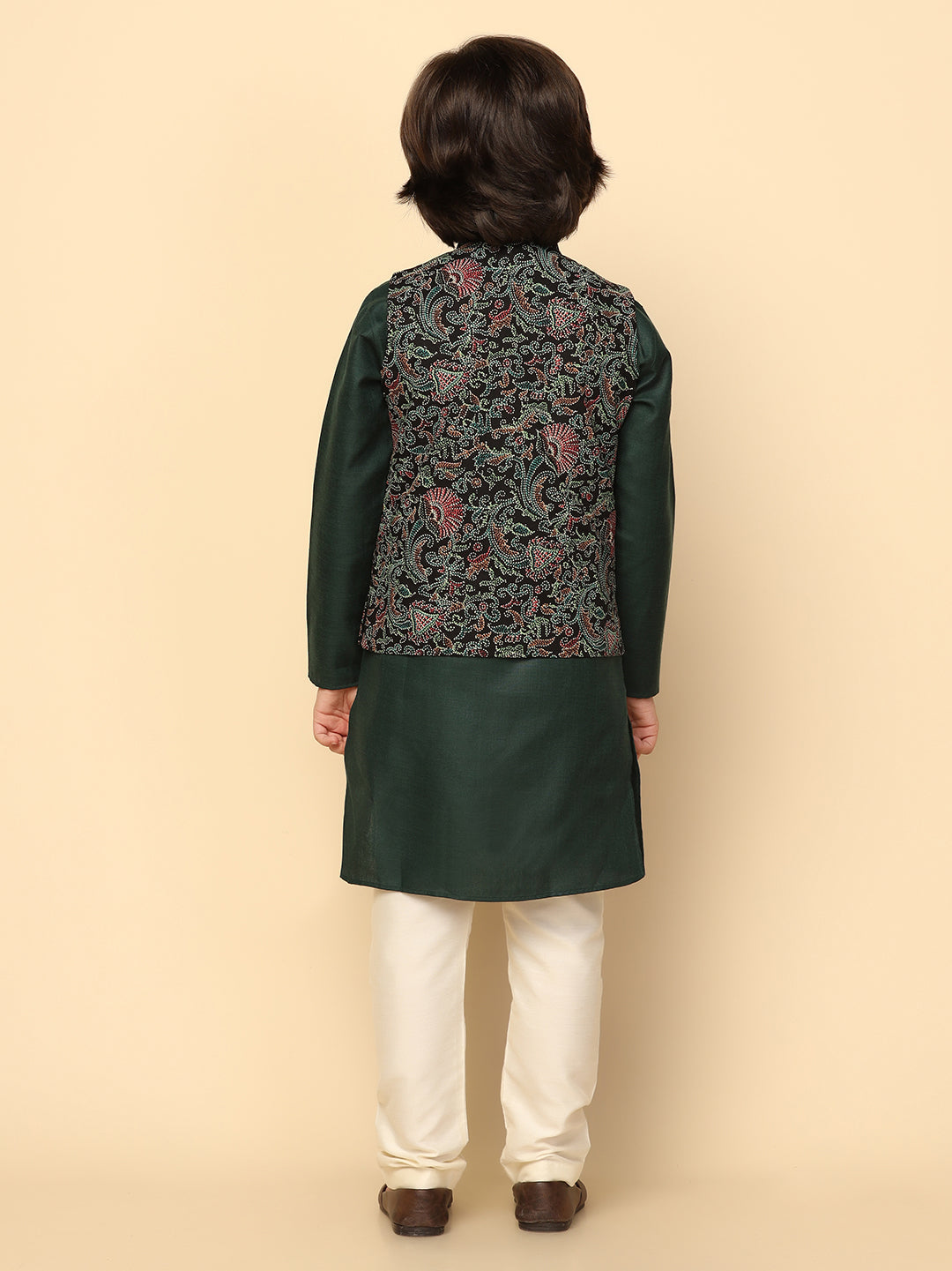 Boy's Black Printed Kurta Jacket Churidar