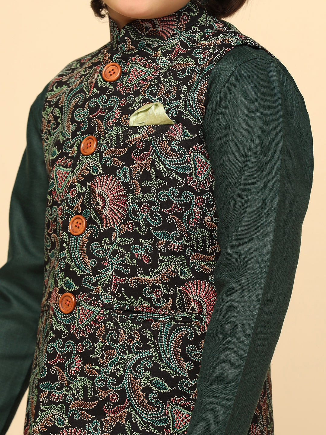 Boy's Black Printed Kurta Jacket Churidar