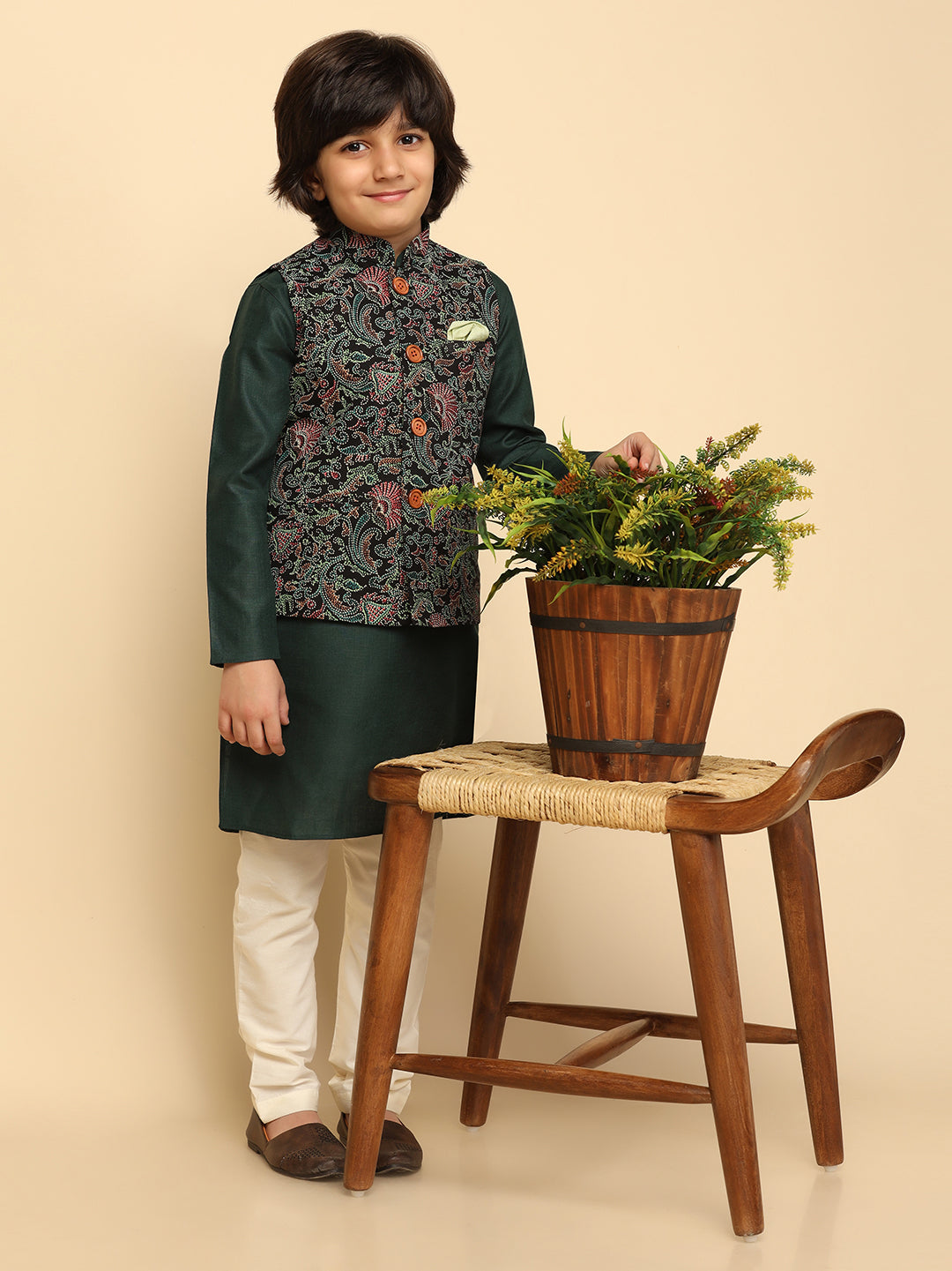 Boy's Black Printed Kurta Jacket Churidar