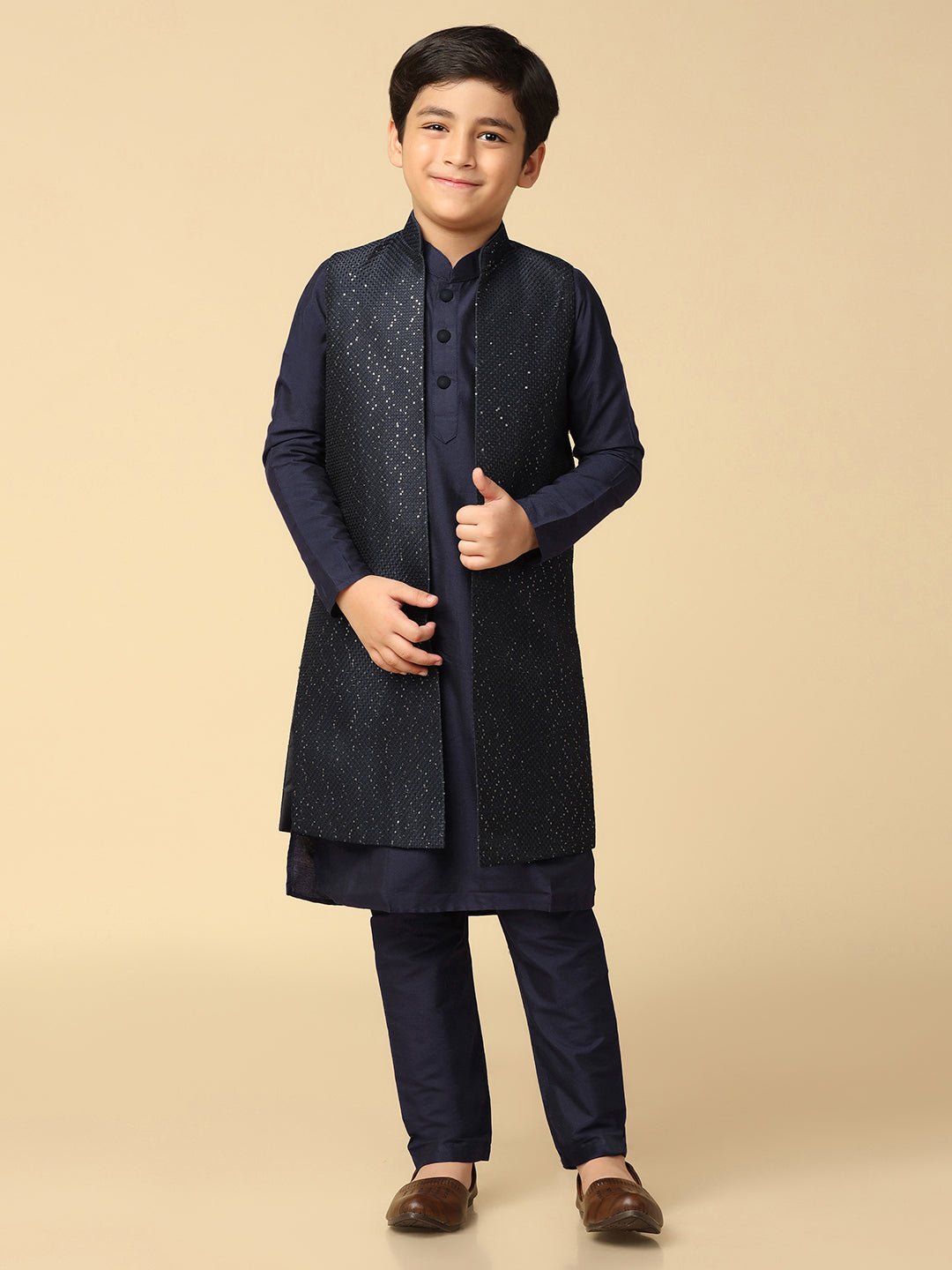 Boy's Navy Blue Embellished Sequinned Kurta Nehru Jacket Pyjama Set