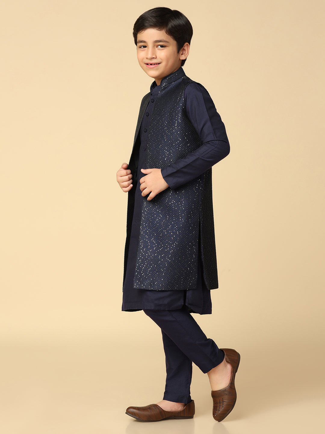 Boy's Navy Blue Embellished Sequinned Kurta Nehru Jacket Pyjama Set