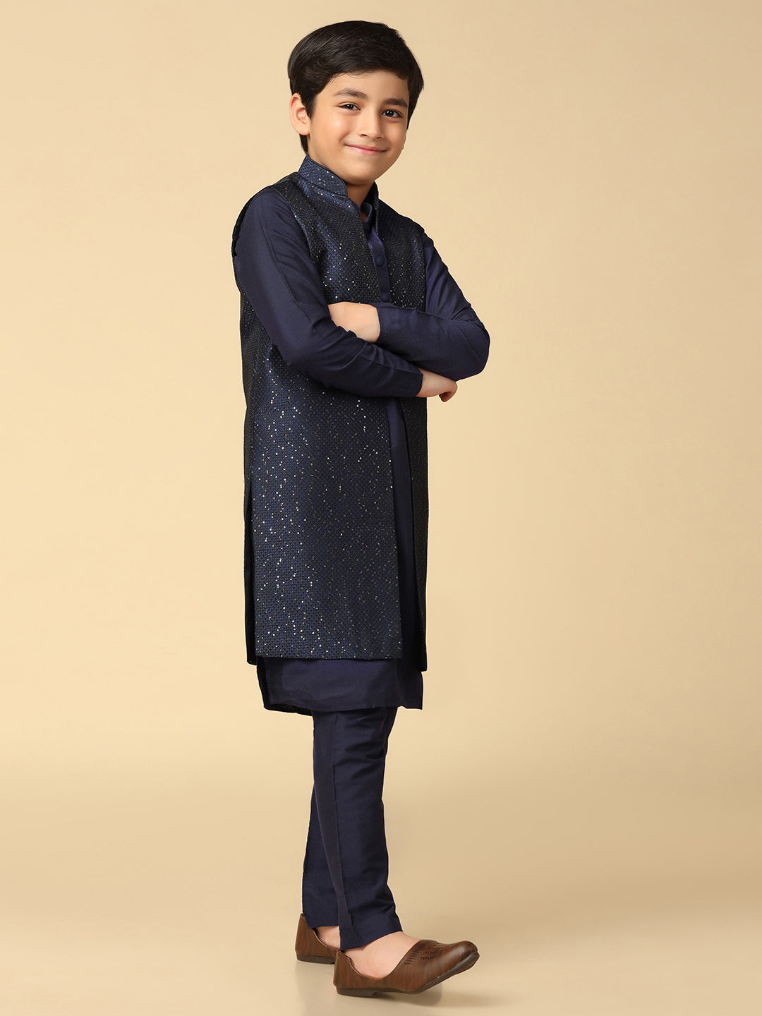 Boy's Navy Blue Embellished Sequinned Kurta Nehru Jacket Pyjama Set