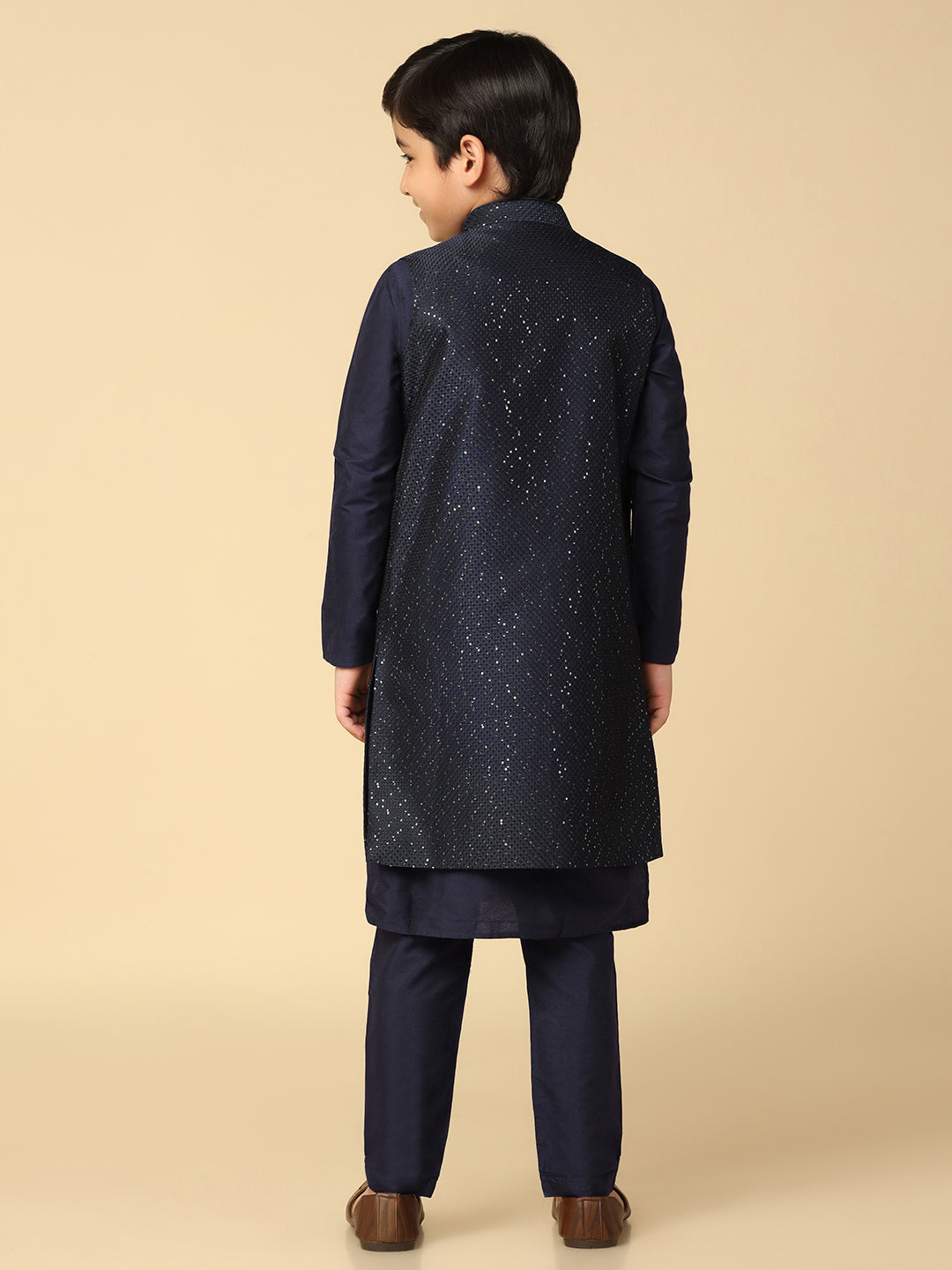 Boy's Navy Blue Embellished Sequinned Kurta Nehru Jacket Pyjama Set
