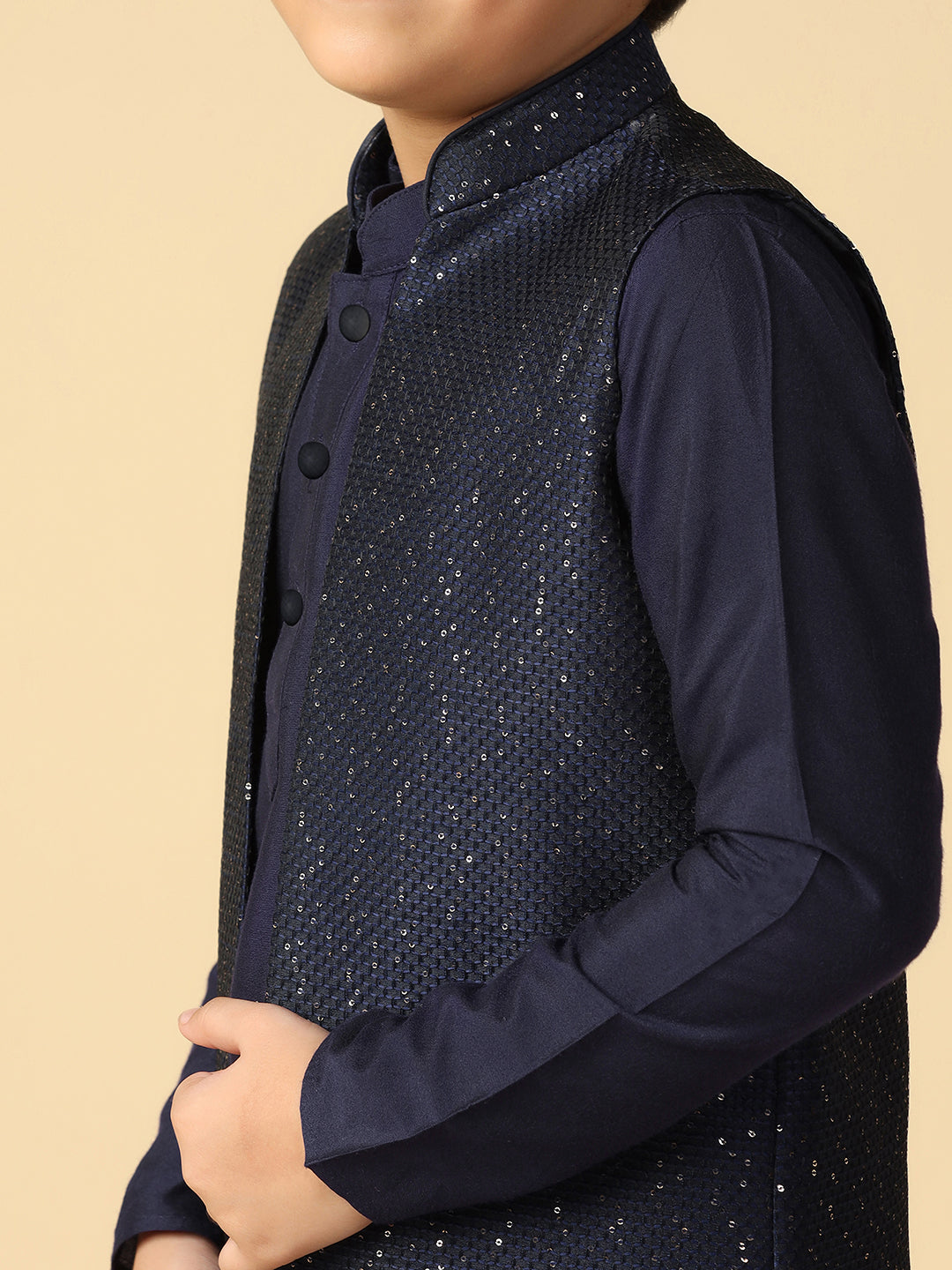 Boy's Navy Blue Embellished Sequinned Kurta Nehru Jacket Pyjama Set