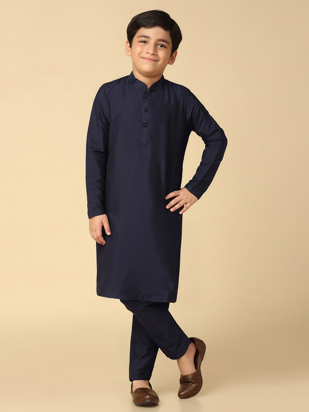 Boy's Navy Blue Embellished Sequinned Kurta Nehru Jacket Pyjama Set