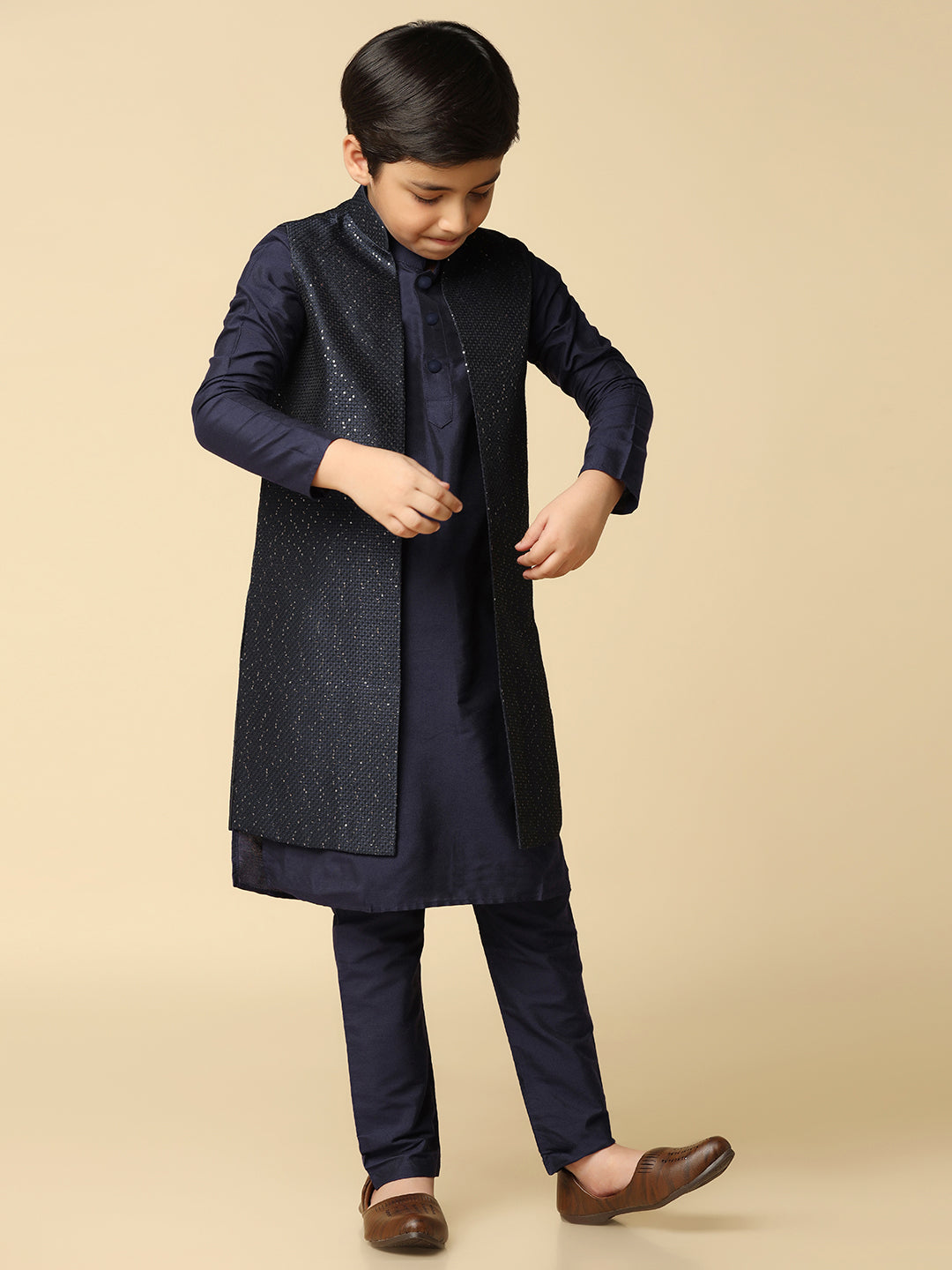 Boy's Navy Blue Embellished Sequinned Kurta Nehru Jacket Pyjama Set