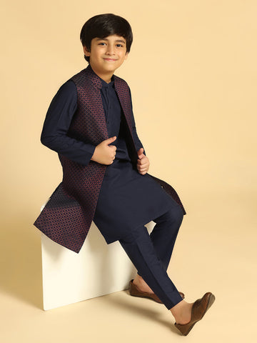 Boy's Wine Self Design Kurta Jacket Pyjama Set