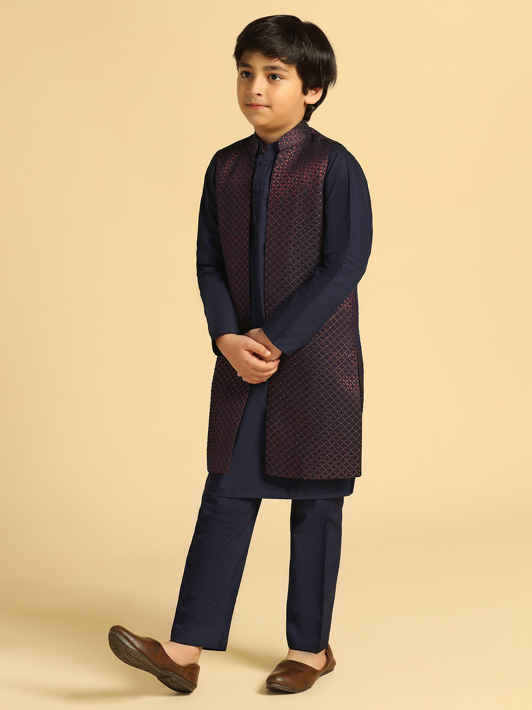 Boy's Wine Self Design Kurta Jacket Pyjama Set