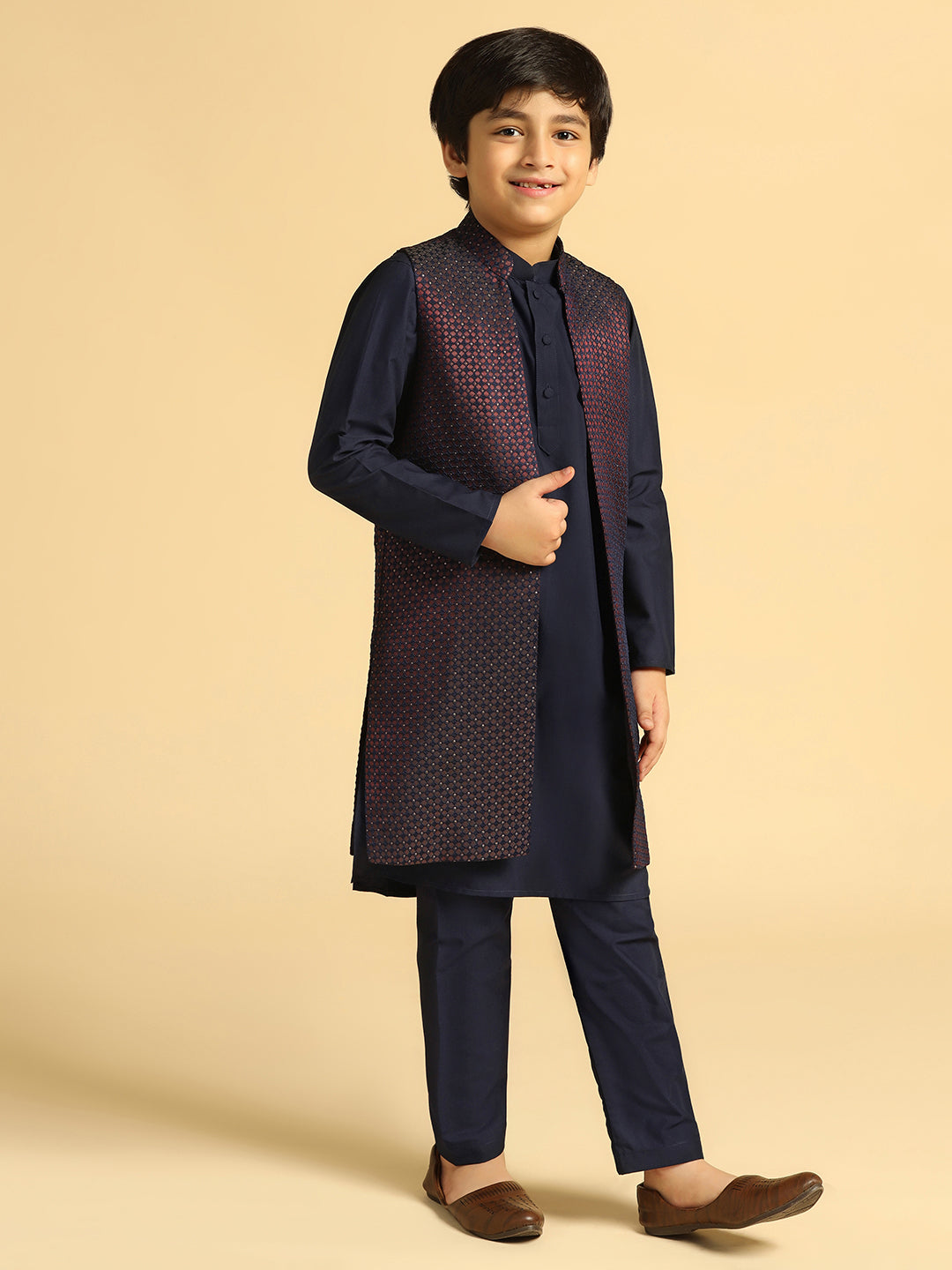 Boy's Wine Self Design Kurta Jacket Pyjama Set