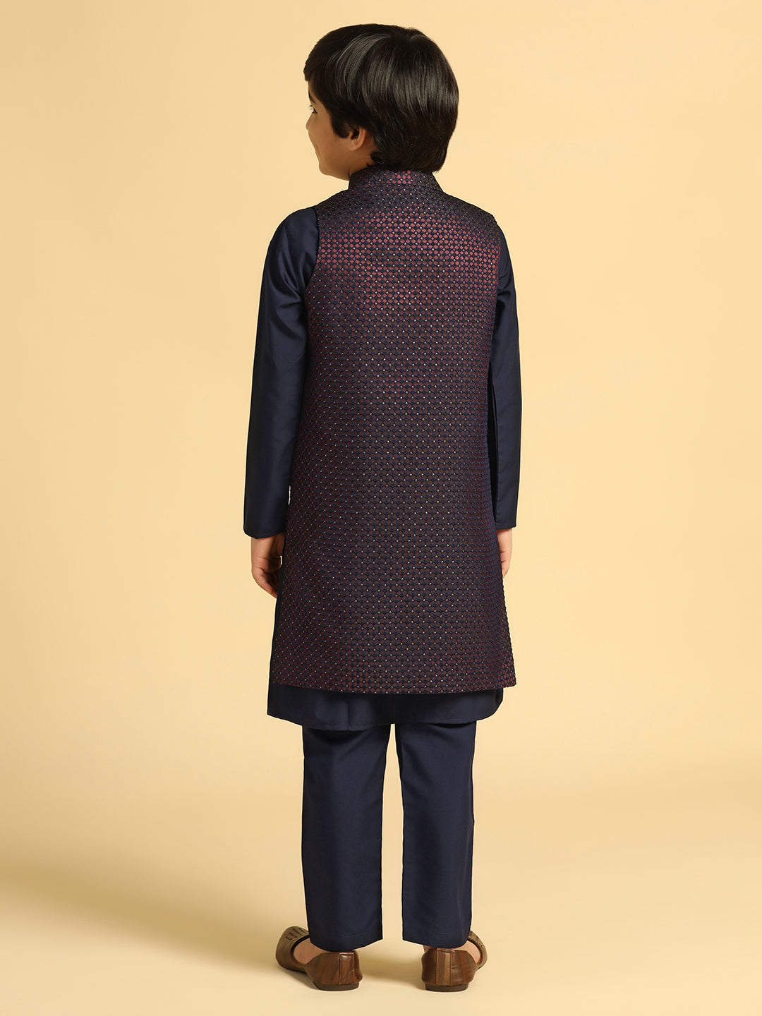 Boy's Wine Self Design Kurta Jacket Pyjama Set