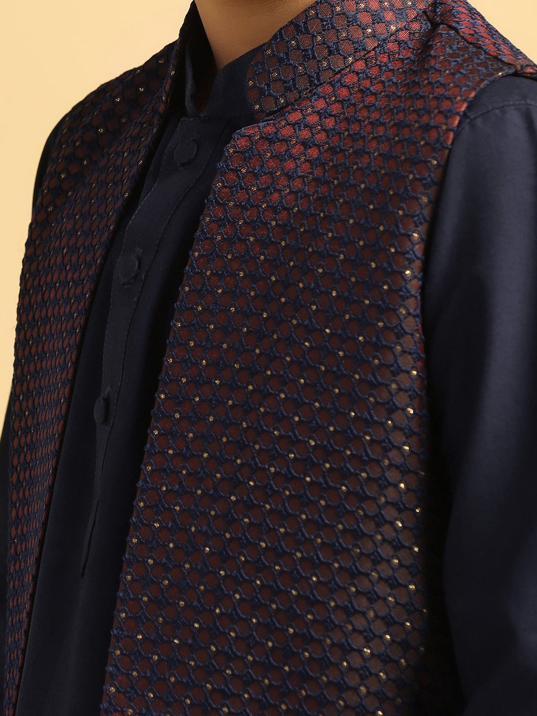 Boy's Wine Self Design Kurta Jacket Pyjama Set