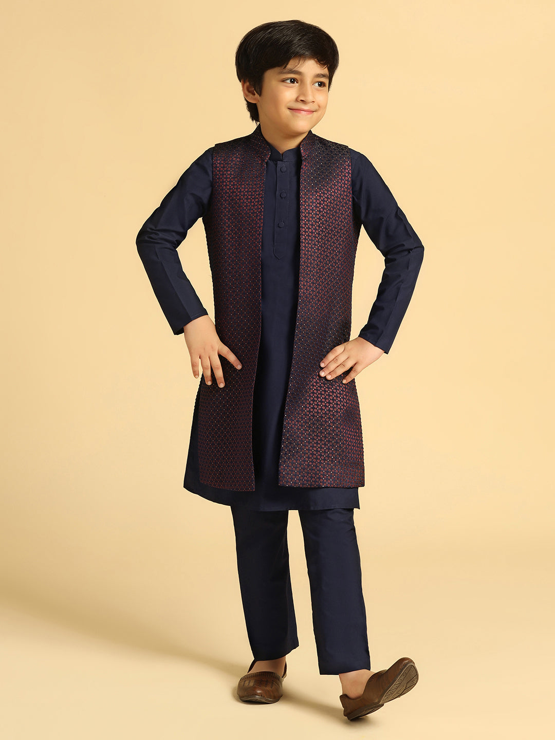 Boy's Wine Self Design Kurta Jacket Pyjama Set