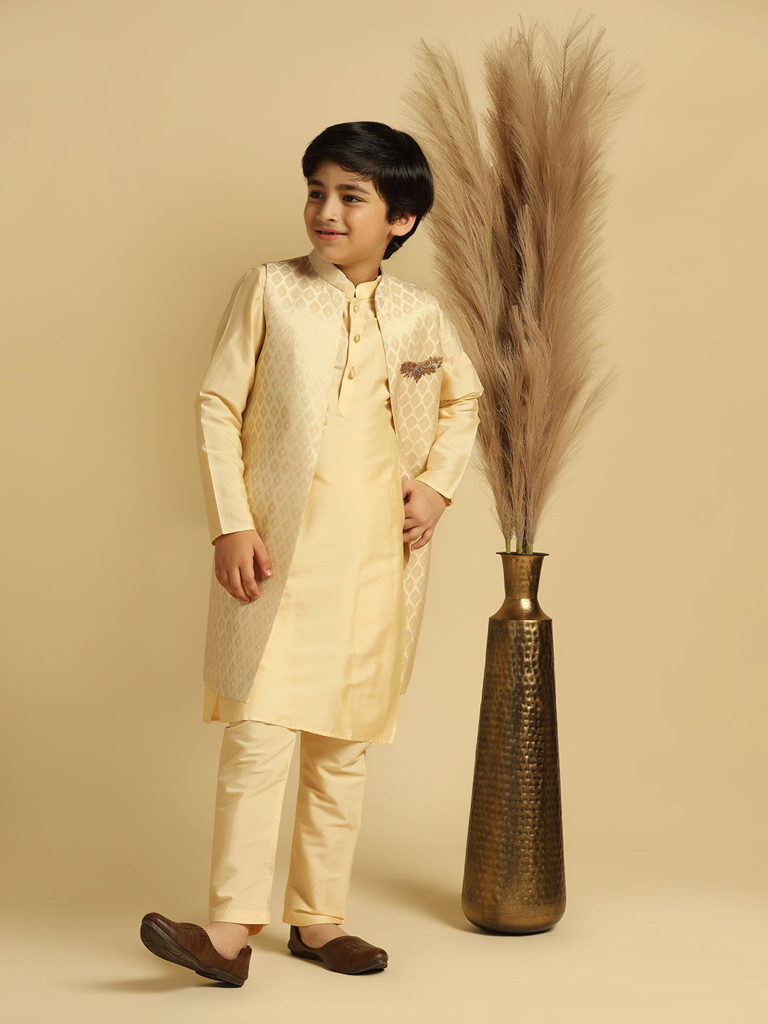 Boy's Cream Embellished Kurta Jacket Pyjama Set