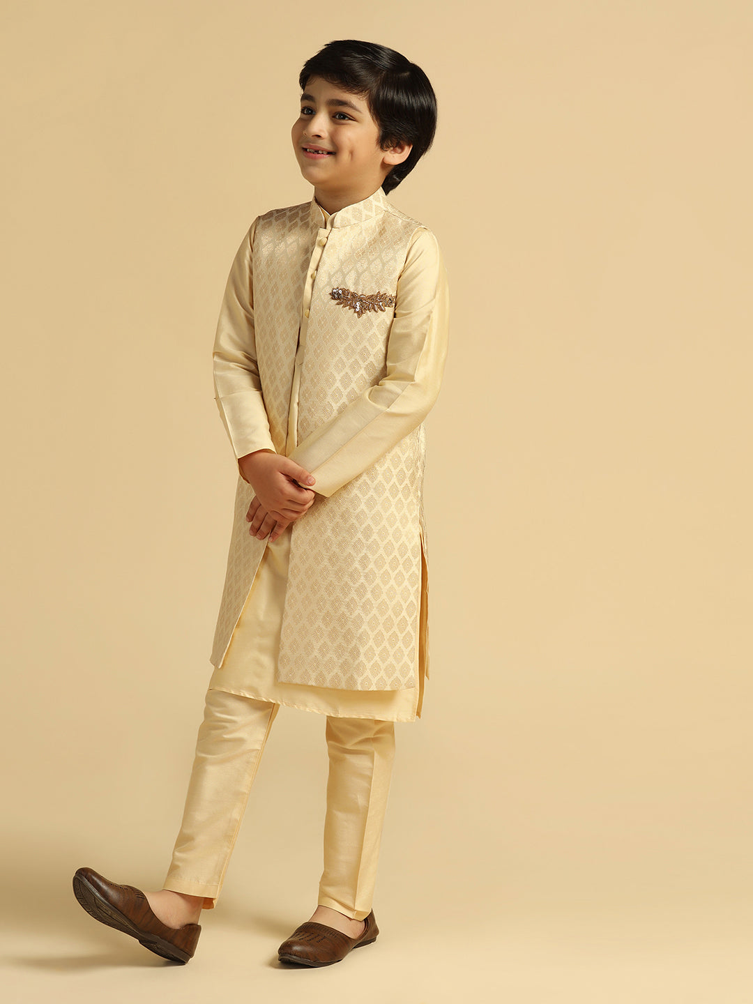 Boy's Cream Embellished Kurta Jacket Pyjama Set