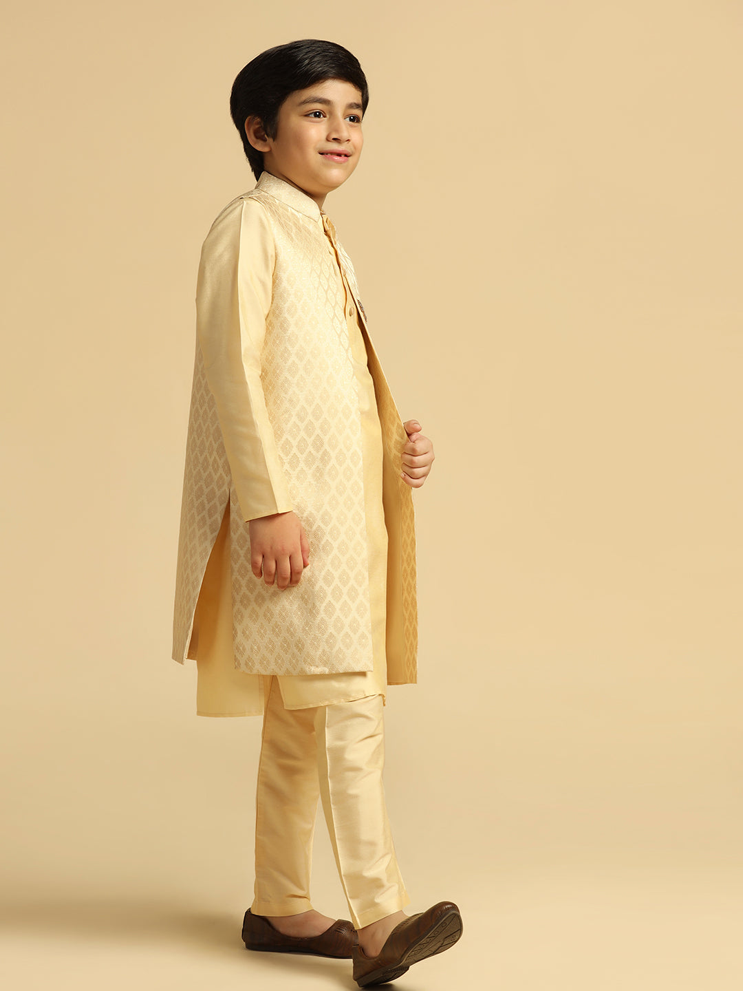 Boy's Cream Embellished Kurta Jacket Pyjama Set