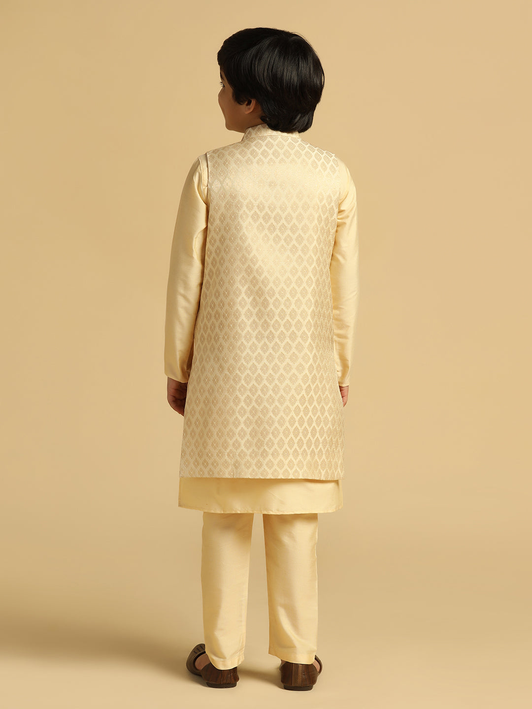 Boy's Cream Embellished Kurta Jacket Pyjama Set