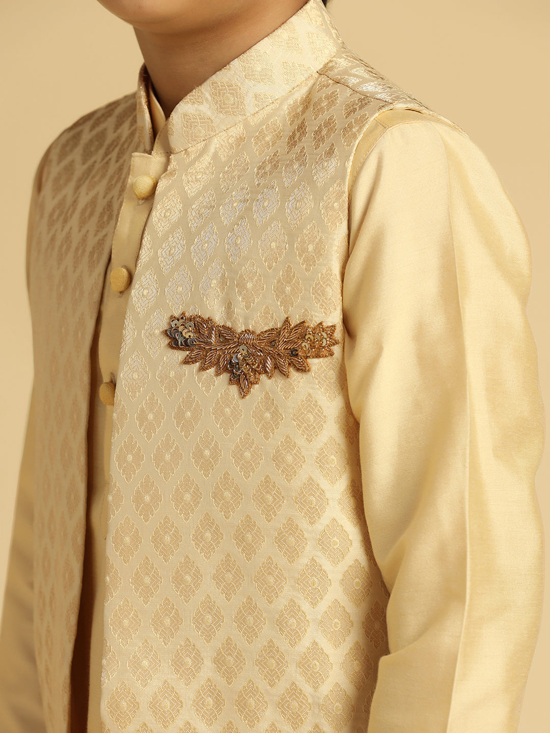 Boy's Cream Embellished Kurta Jacket Pyjama Set