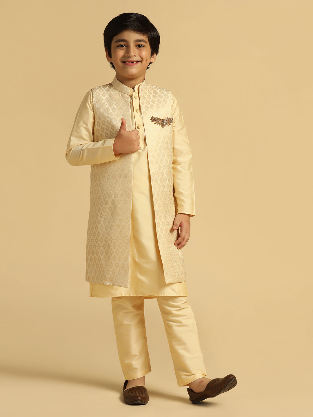 Boy's Cream Embellished Kurta Jacket Pyjama Set
