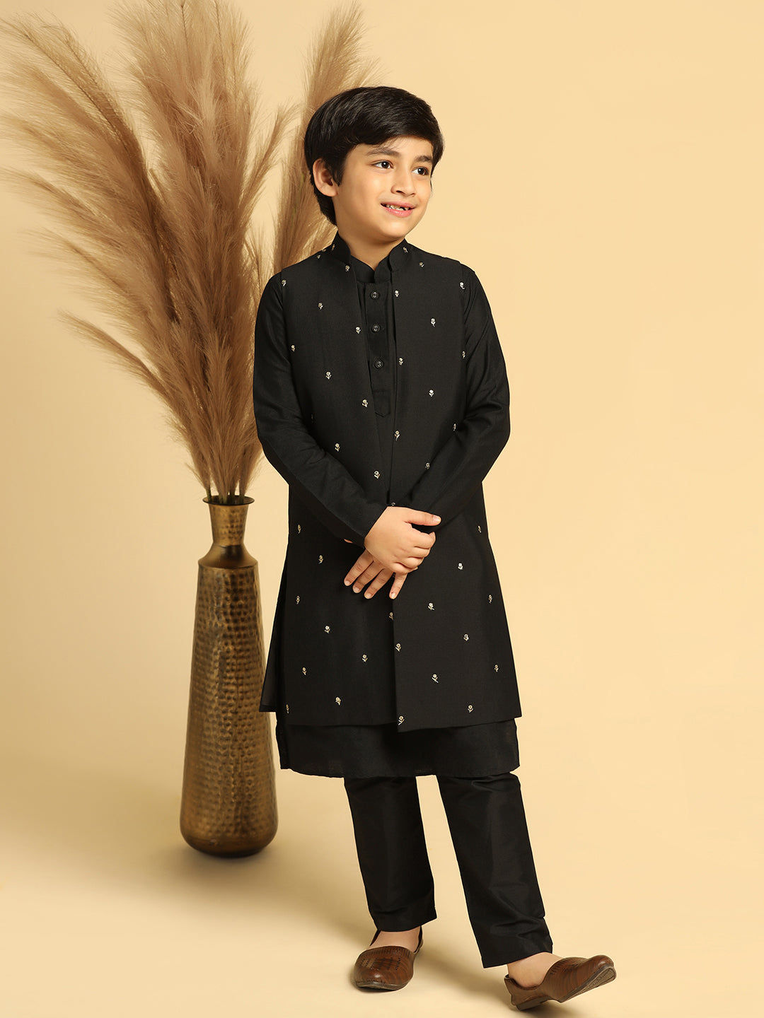 Boy's Black Embroidered Kurta Jacket Pyjama Set