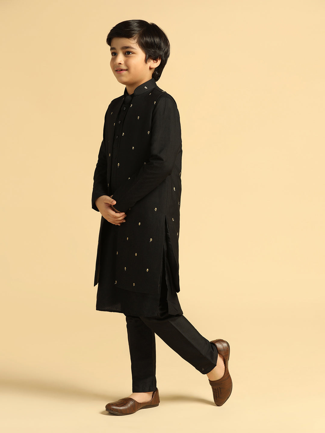 Boy's Black Embroidered Kurta Jacket Pyjama Set