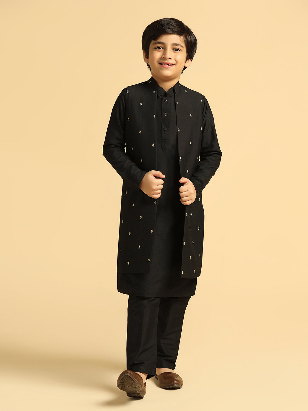Boy's Black Embroidered Kurta Jacket Pyjama Set
