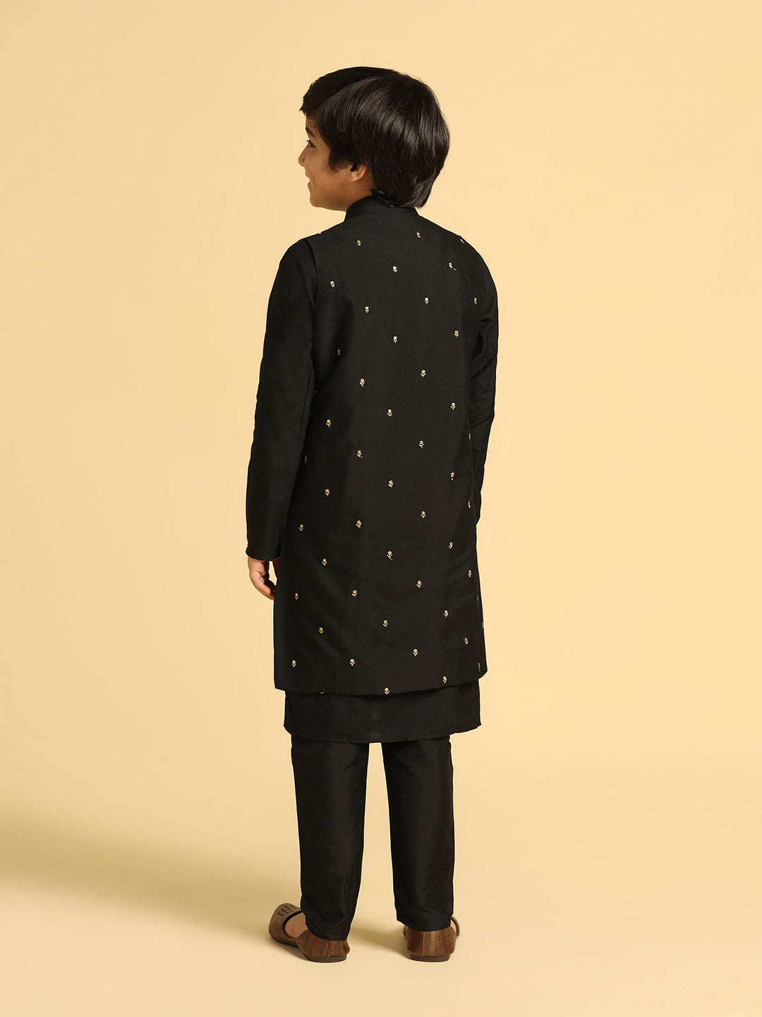 Boy's Black Embroidered Kurta Jacket Pyjama Set