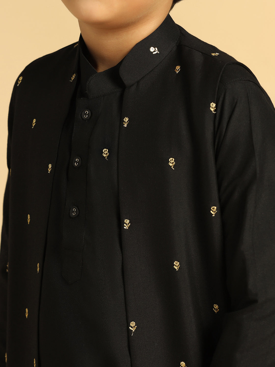 Boy's Black Embroidered Kurta Jacket Pyjama Set