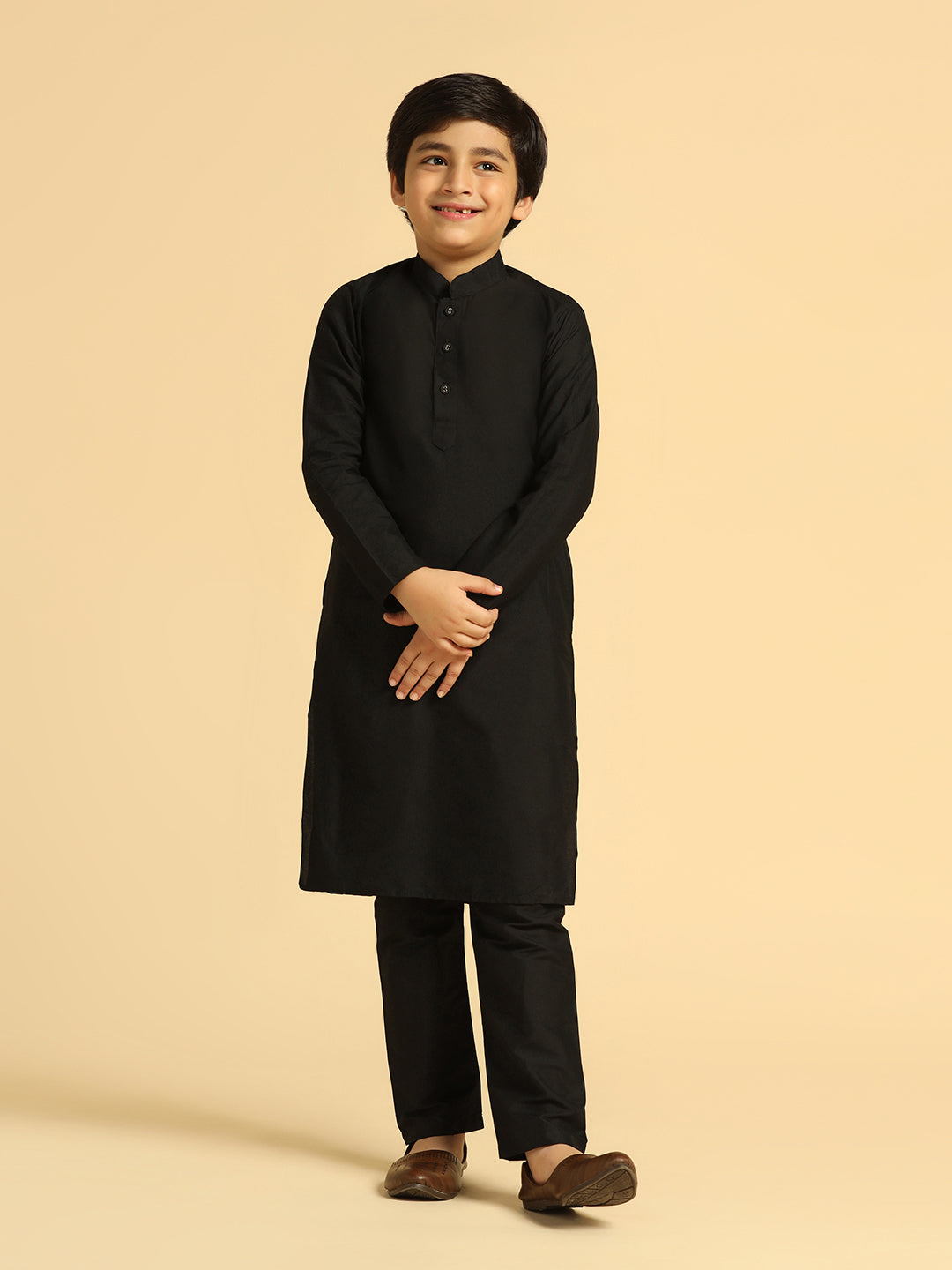 Boy's Black Embroidered Kurta Jacket Pyjama Set