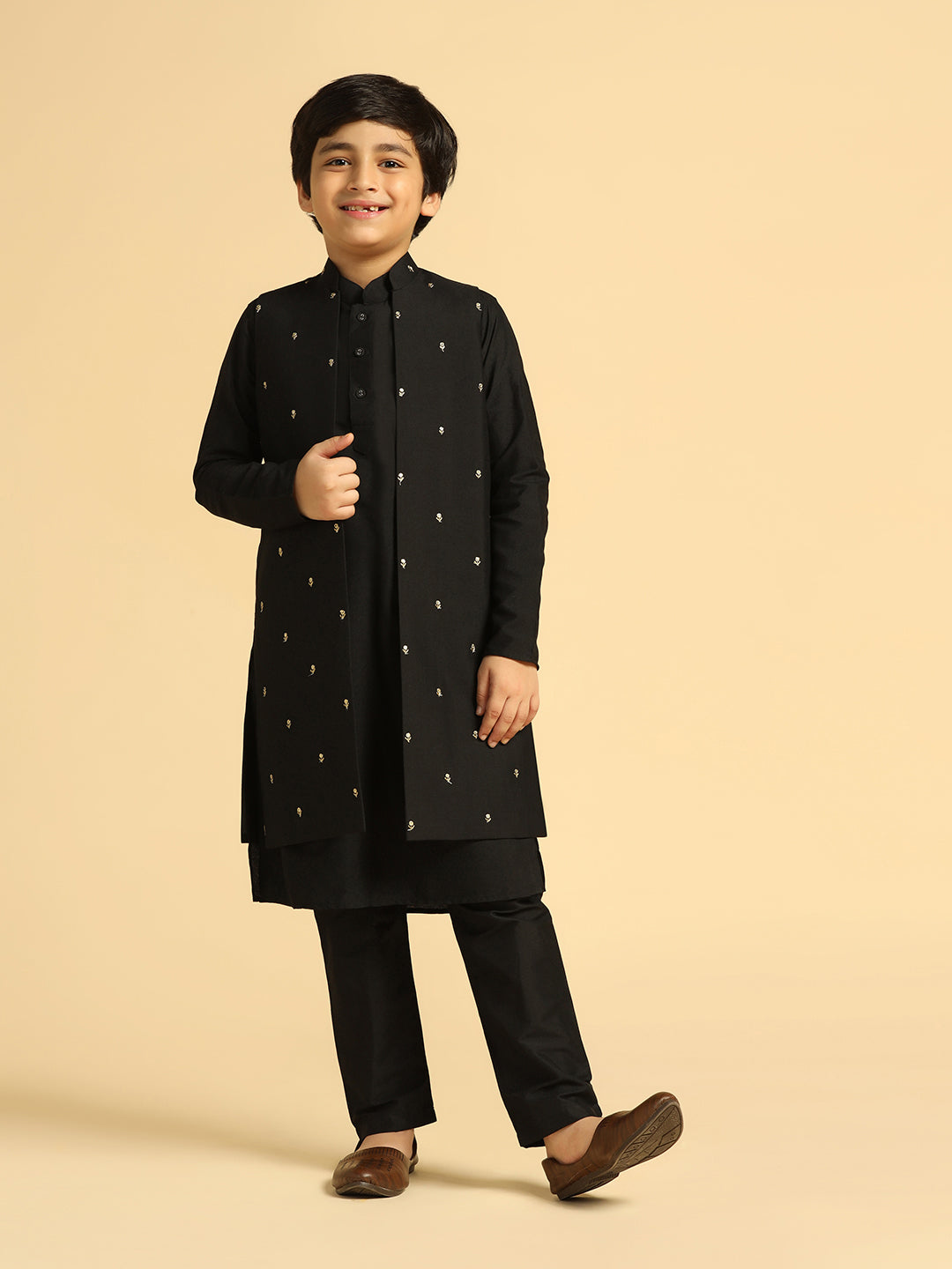 Boy's Black Embroidered Kurta Jacket Pyjama Set