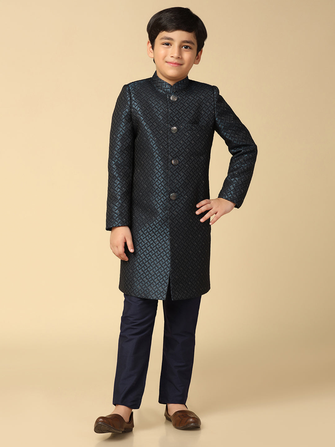 Boy's Turquoise Blue Embellished Woven Design Indowestern Pyjama Set