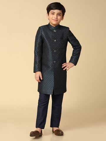 Boy's Turquoise Blue Embellished Woven Design Indowestern Pyjama Set