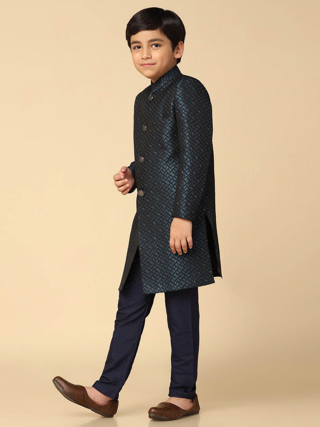 Boy's Turquoise Blue Embellished Woven Design Indowestern Pyjama Set