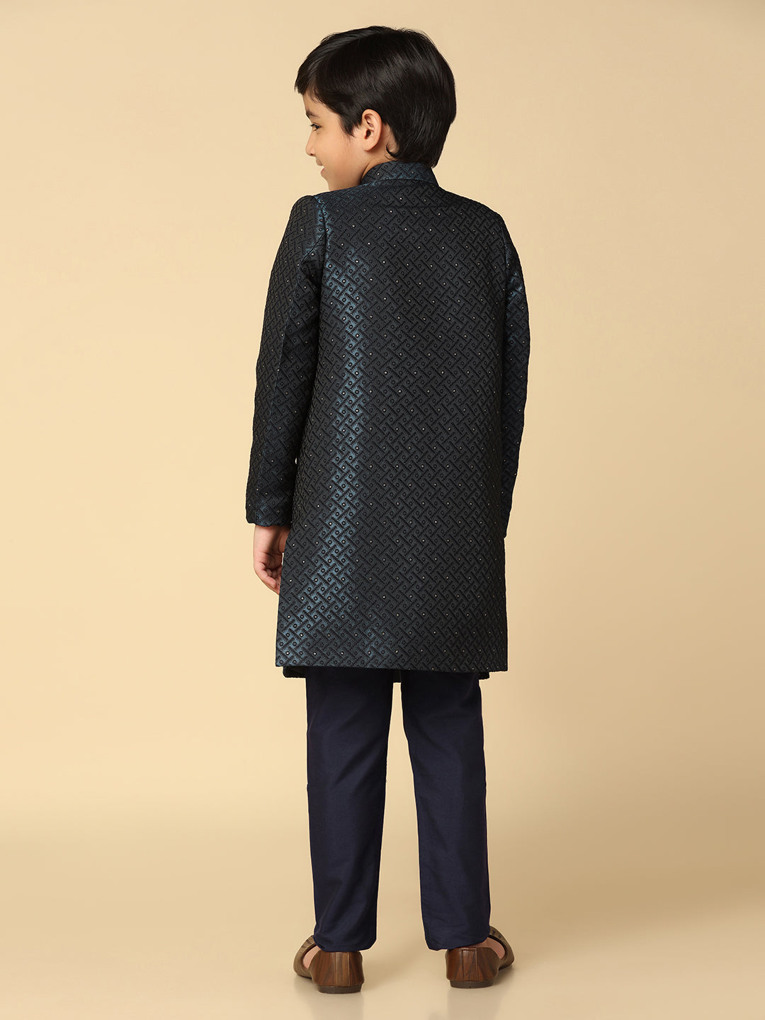 Boy's Turquoise Blue Embellished Woven Design Indowestern Pyjama Set