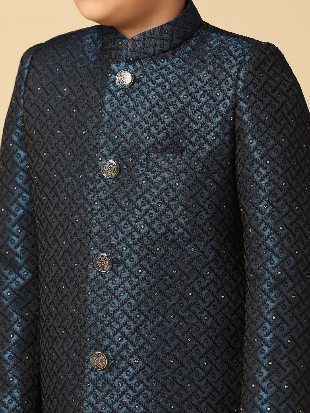 Boy's Turquoise Blue Embellished Woven Design Indowestern Pyjama Set