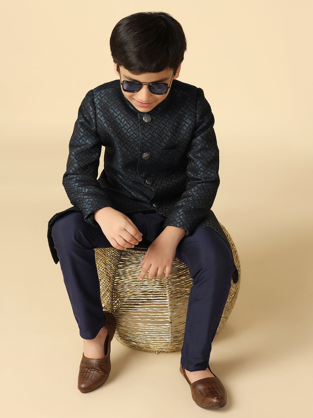 Boy's Turquoise Blue Embellished Woven Design Indowestern Pyjama Set