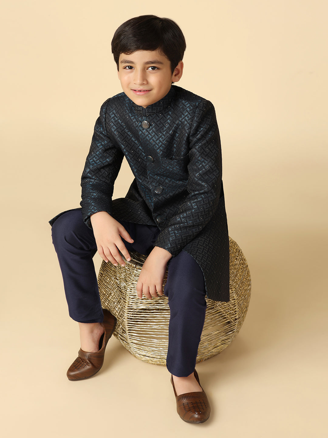 Boy's Turquoise Blue Embellished Woven Design Indowestern Pyjama Set