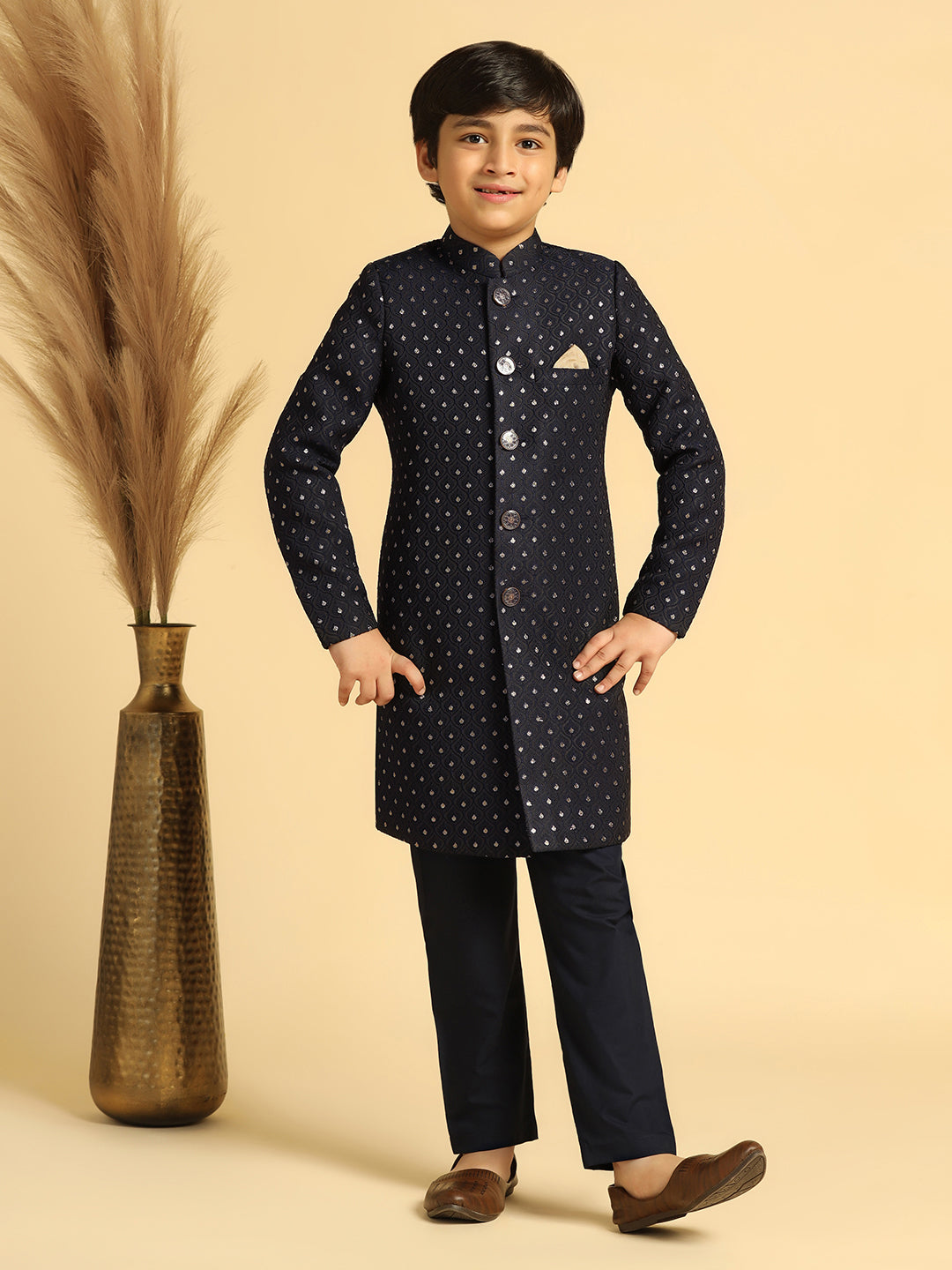 Boy's Navy Blue Self Design Indowestern Pyjama Set