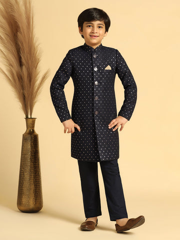 Boy's Navy Blue Self Design Indowestern Pyjama Set