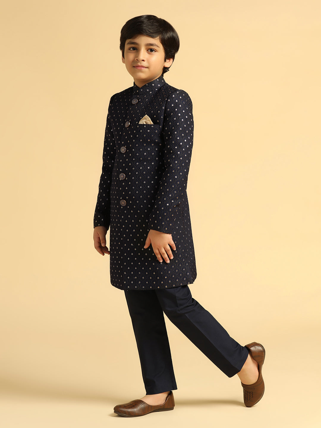 Boy's Navy Blue Self Design Indowestern Pyjama Set