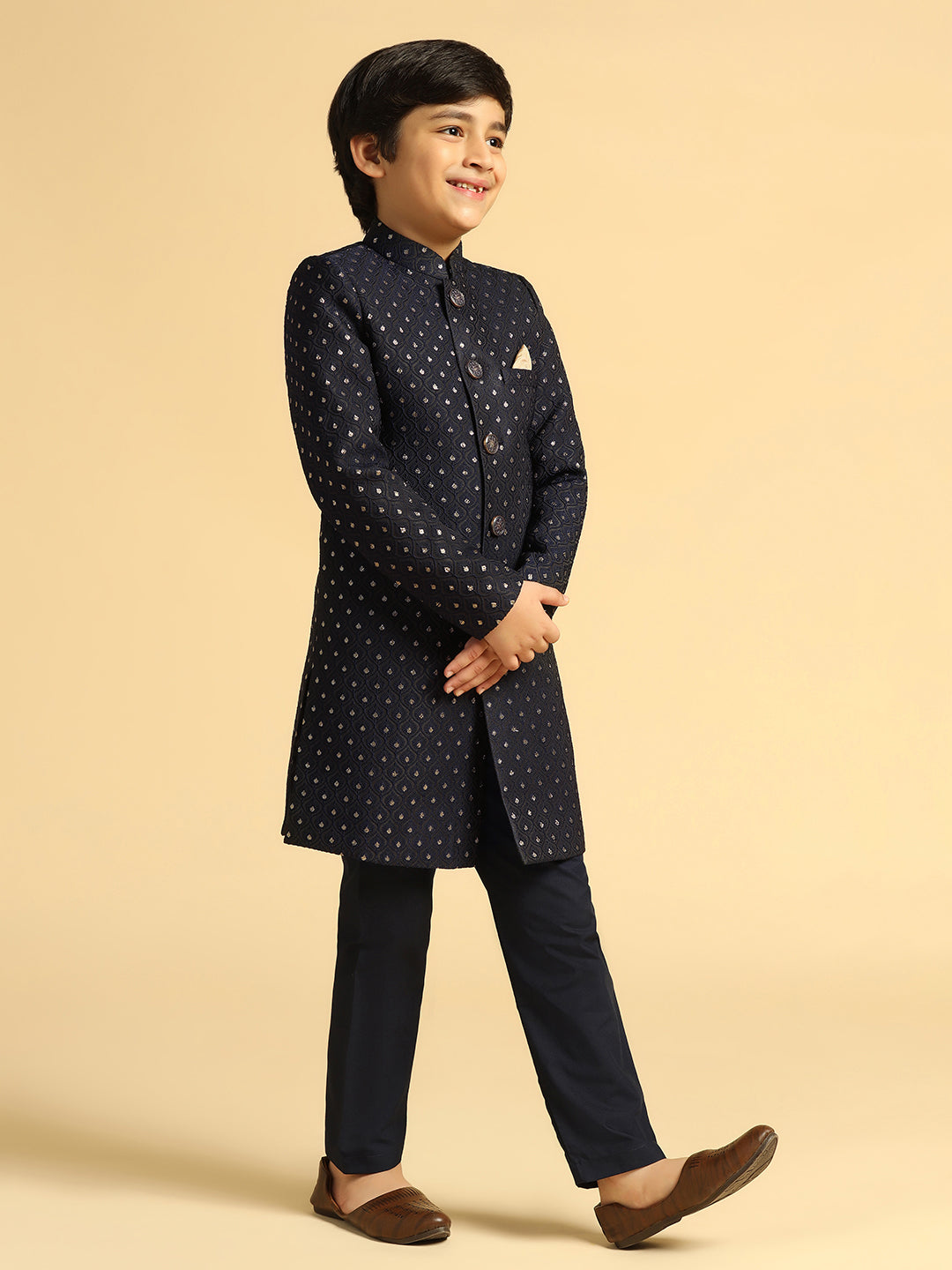 Boy's Navy Blue Self Design Indowestern Pyjama Set