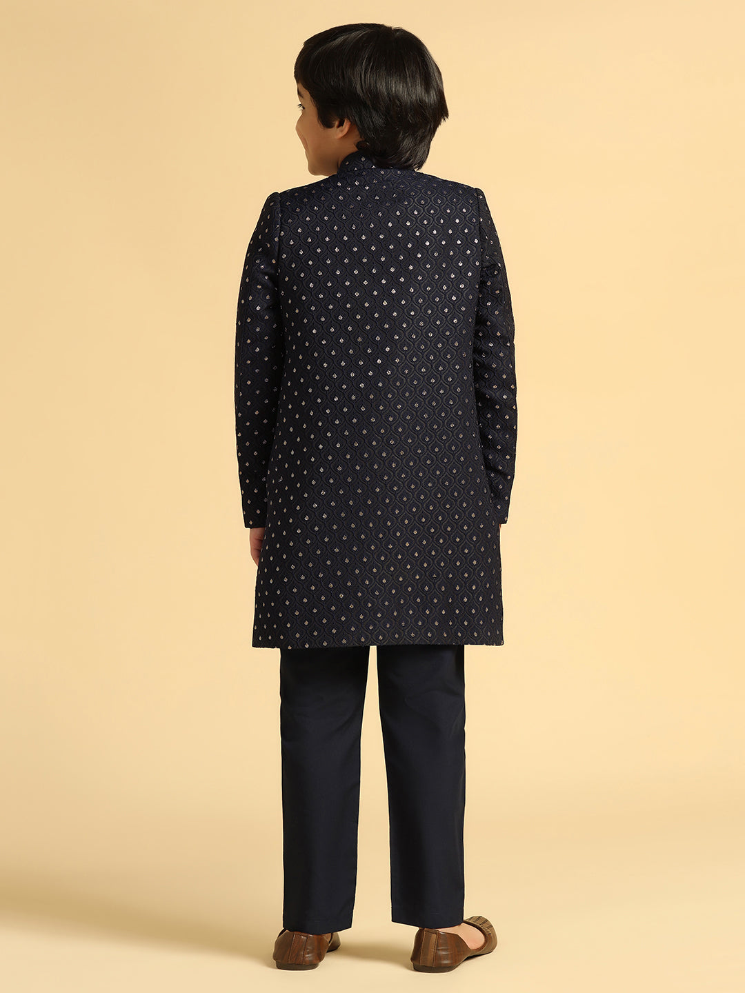 Boy's Navy Blue Self Design Indowestern Pyjama Set