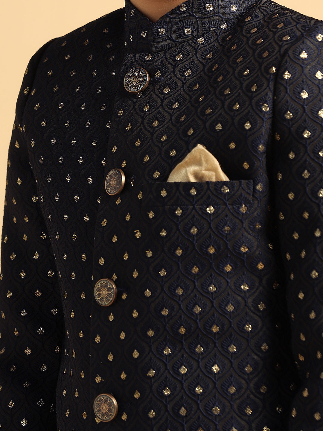 Boy's Navy Blue Self Design Indowestern Pyjama Set